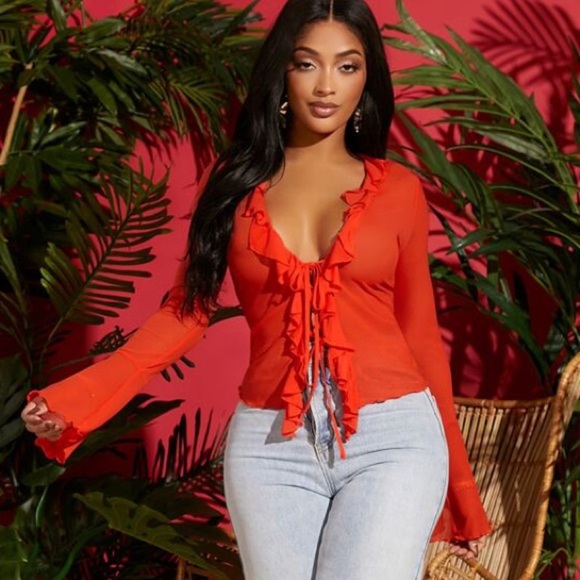 Orange Ruffled Tie Front Blouse - Picture 5 of 6